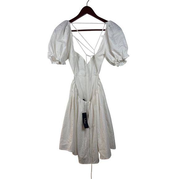 Lulus Mini Dress Womens M White Cotton Linen Puff Sleeve Lace Up Back MD2965LU - Picture 4 of 9